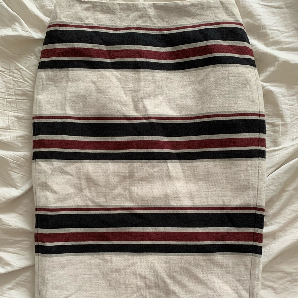 Midi pencil skirt, maroon and navy stripes